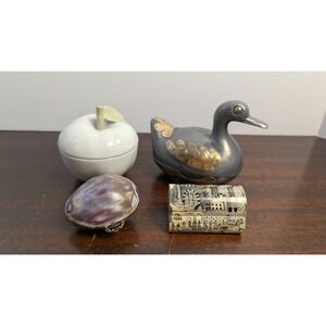 Vintage Trinket Box Lot of 4 Brass Pewter Duck Shell Apple Vanity Decor
